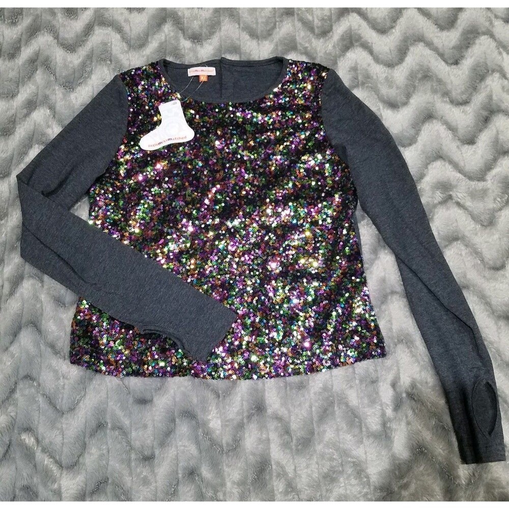 Little Mismatched Kids XL Girls Gray Multi Colored Sequins Button Back L/S